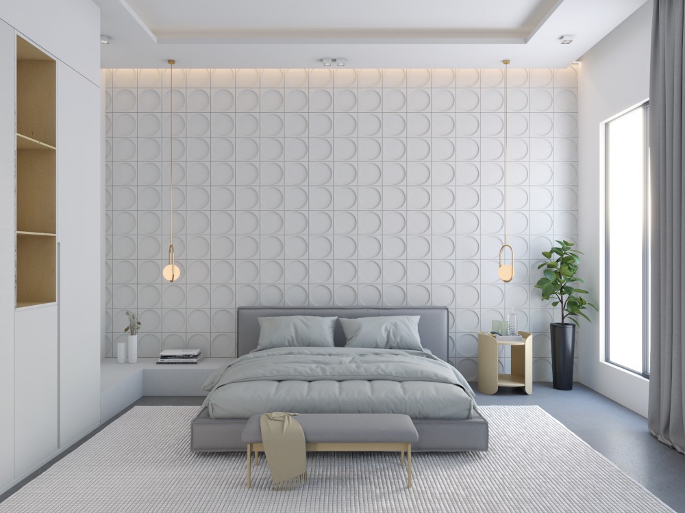 กระเบื้องผนัง 3 มิติ ลาย Moon ใน ห้องนอน Moon Pattern 3D Tile in Bed Room