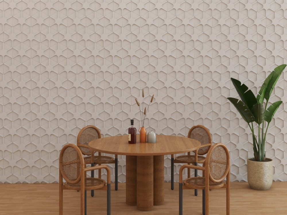 กระเบื้องผนัง 3 มิติ ลาย Star ใน ห้องทั่วไปหรือห้องอาหาร ในมุมมองห้องสว่าง สีขาว Star Pattern 3D Tile in Dining Room