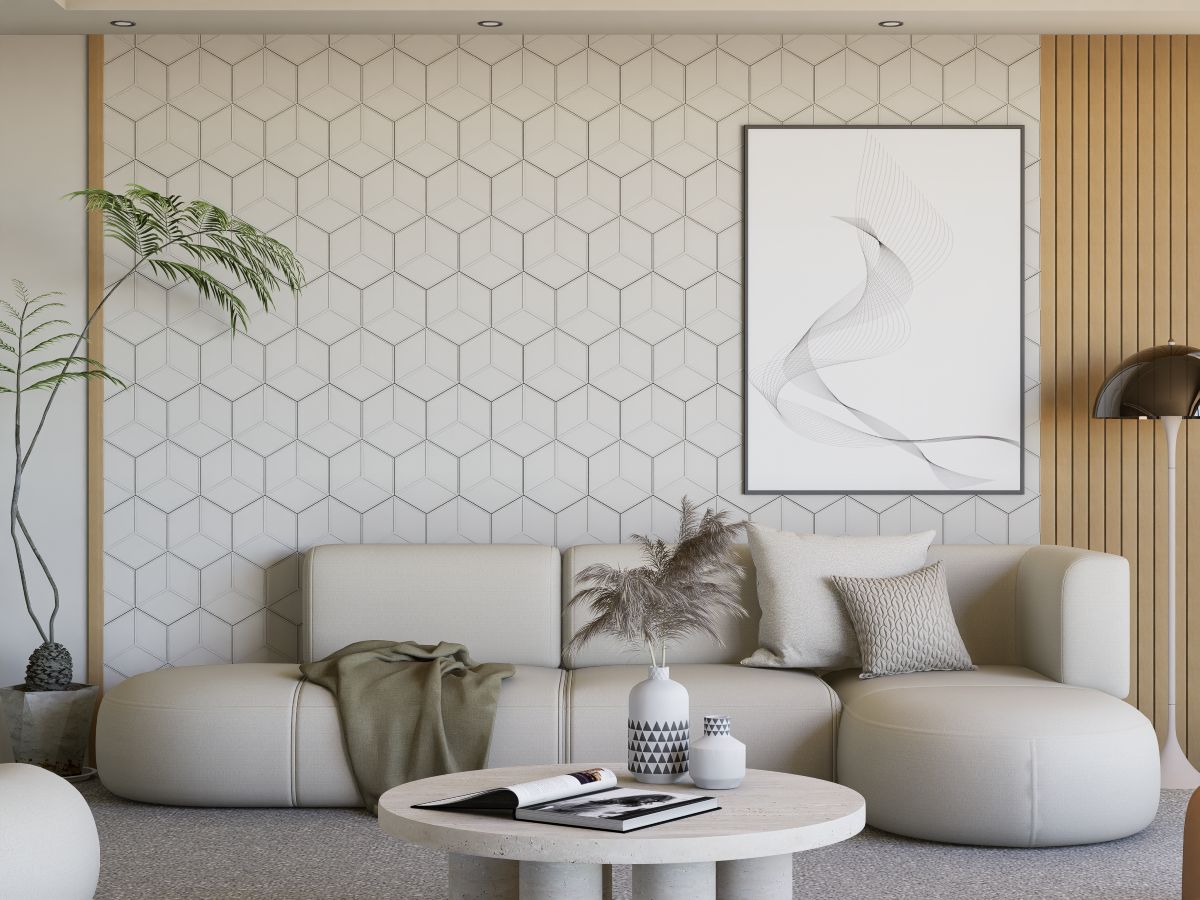 กระเบื้อง 3 มิติ ซีรีส์ Hexie ลาย Box Living Room Scene Close on wall