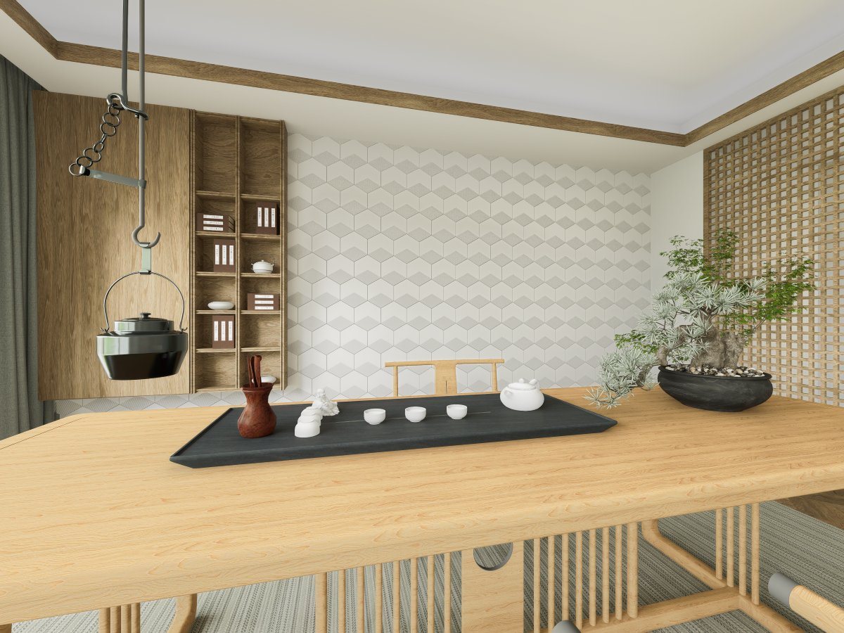 กระเบื้อง 3 มิติ ซีรีส์ Hexie ลาย Simple Diner room Closer on the table